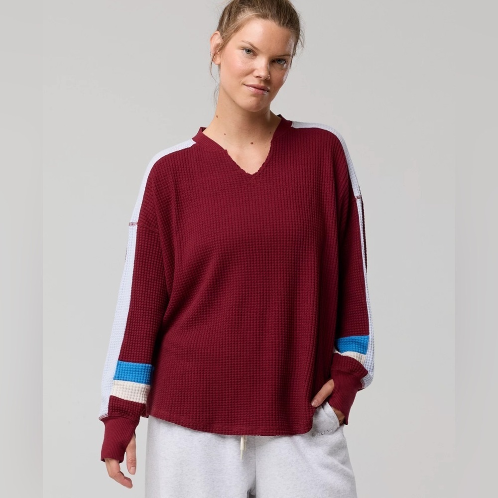 Aerie OFFLINE Wow! Waffle Notch Neck Maroon Long Sleeve T-Shirt Size XS Oversize